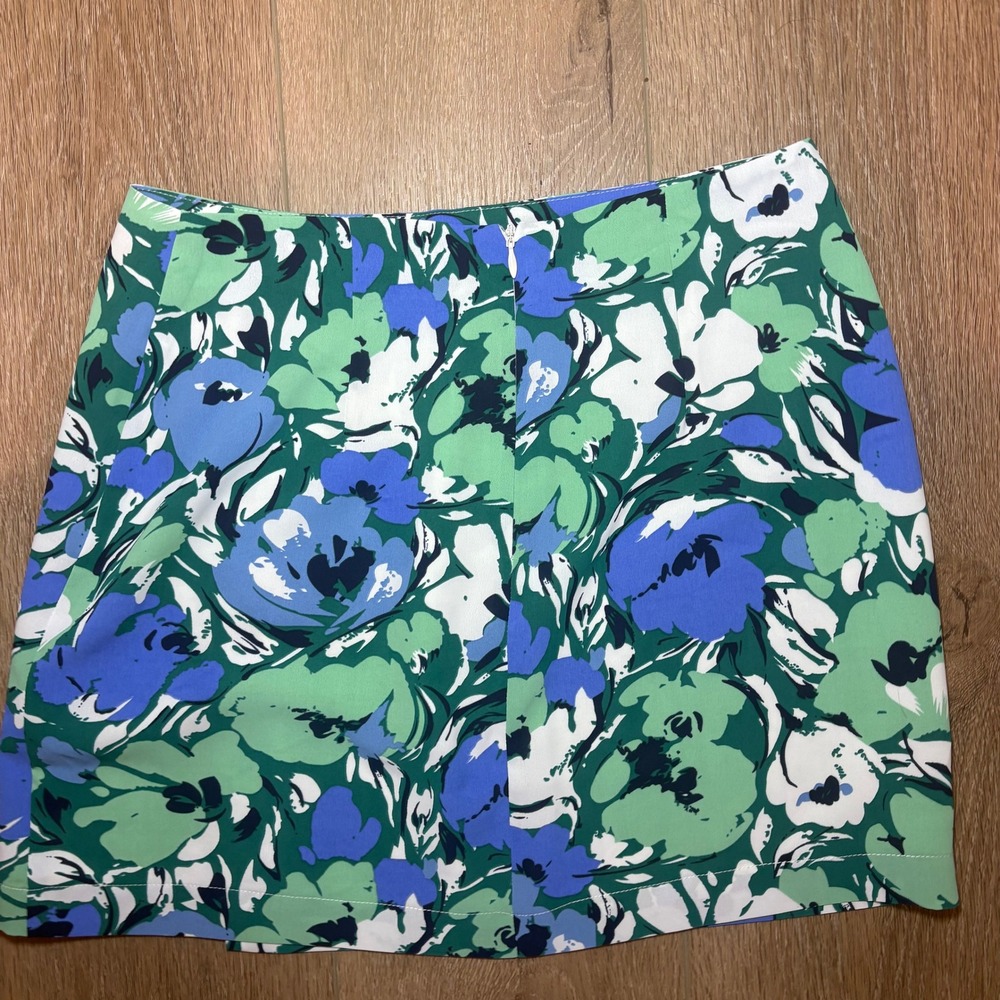 Molly Green Floral Mini Skirt Green Blue Botanical Print Side Slit Lined Size S - Picture 3 of 10
